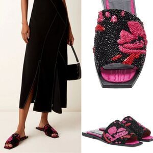 NEW GANNI Embroidered Square Toe Beaded Sandals Slides Shoes Pink Black 38 / 8